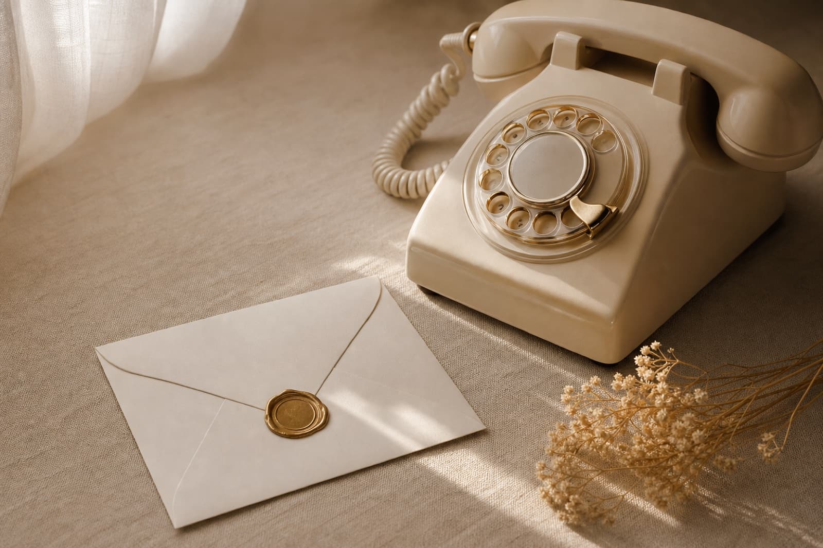 Kremowy telefon retro i koperta z złotą pieczęcią na lnianym tle